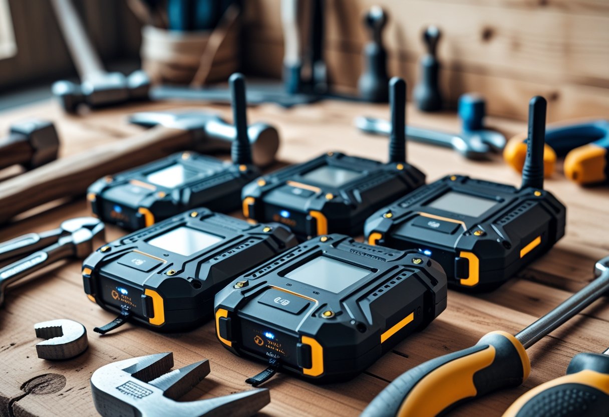 A close-up of waterproof GPS tracking devices placed on a workbench alongside various hand tools.