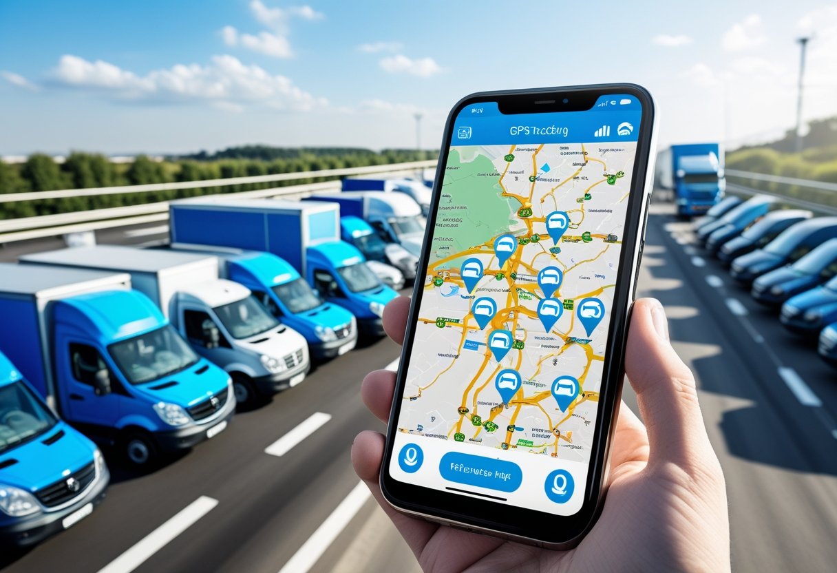 An iPhone displaying a map with vehicle icons, with trucks and vans in the background on a road.