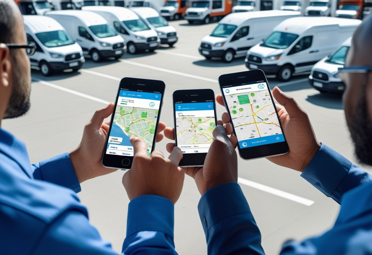 Fleet managers using iPhones to monitor GPS locations of delivery vehicles in a parking lot.