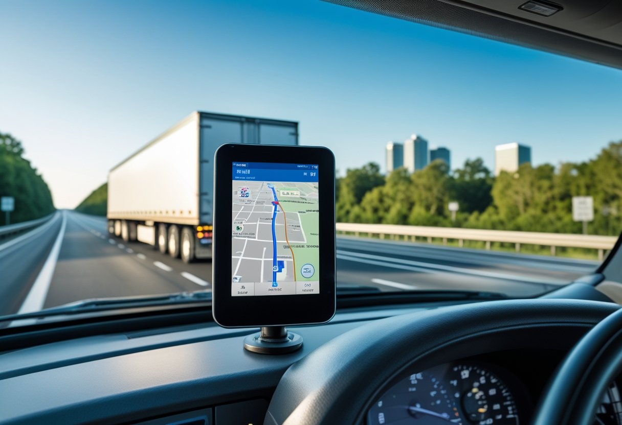 A semi-truck driving on a highway with a GPS tracking device showing a digital map on the dashboard.