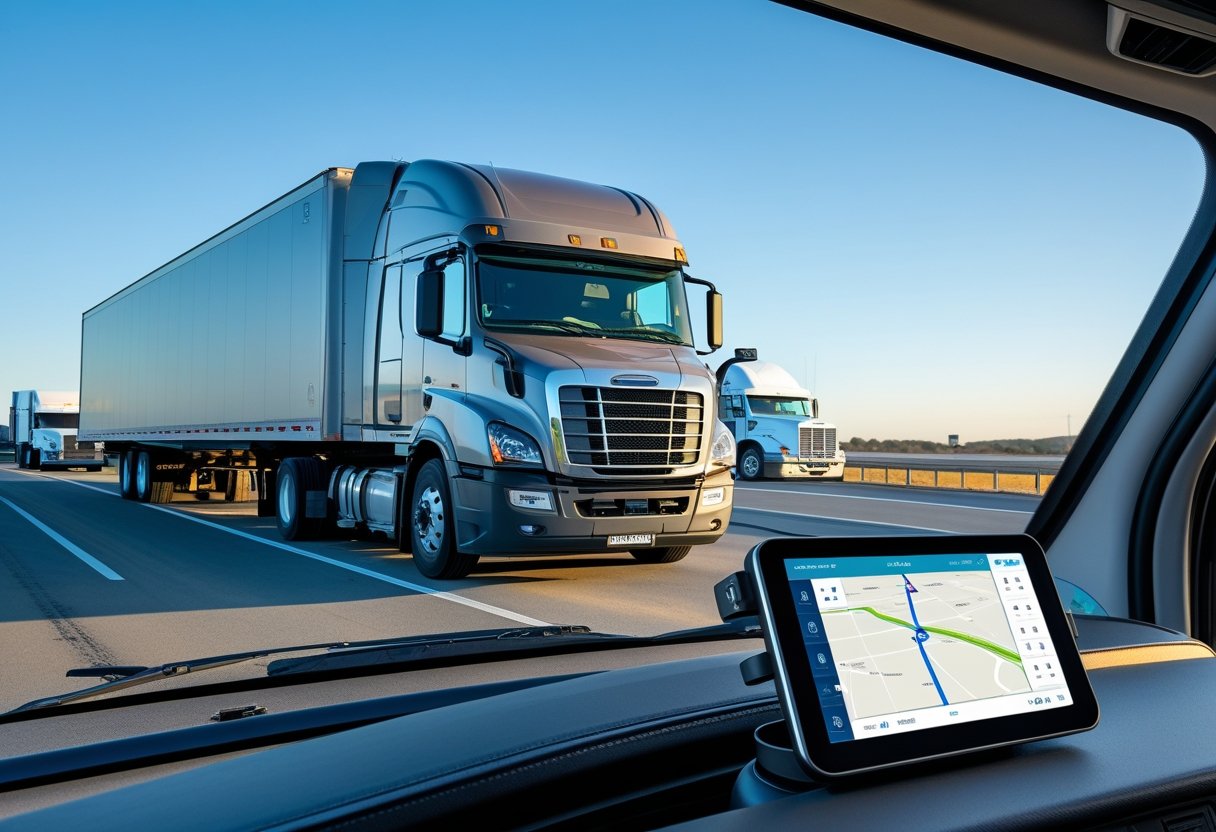 A large semi-truck parked at a rest stop with a GPS tracking device visible on the dashboard showing a map and route.