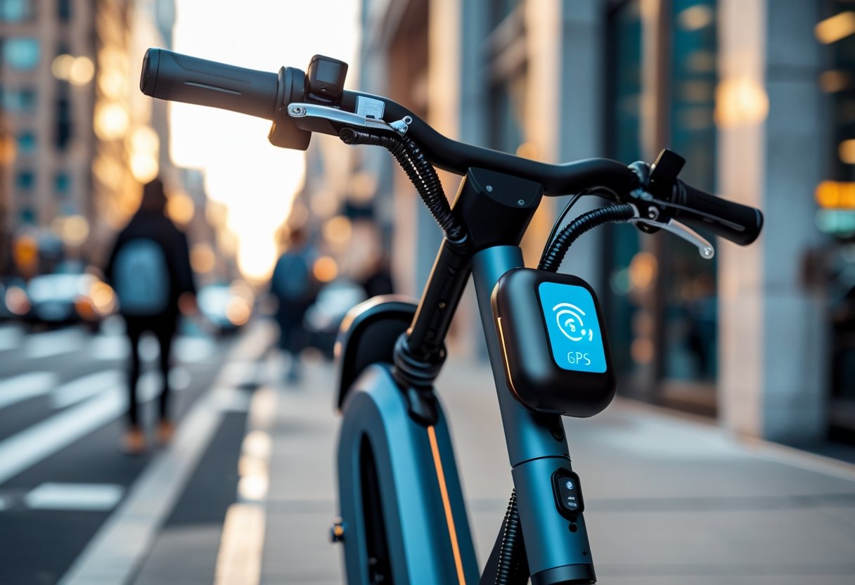 An electric scooter parked on a city sidewalk with a GPS tracker attached near the handlebars and a busy urban background.