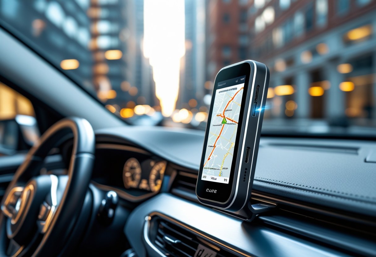 Car dashboard with a GPS tracking device showing a digital map and route, viewed from inside the vehicle.