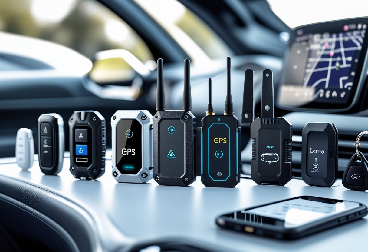 A collection of modern auto GPS tracker devices displayed on a white surface with a car key, smartphone showing a map, and a blurred car dashboard in the background.