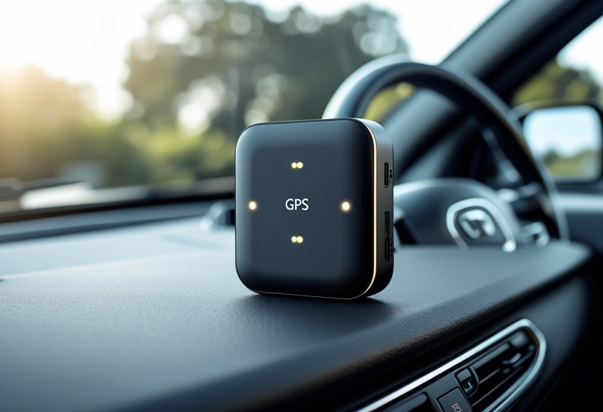 A compact auto GPS tracker device placed on a car dashboard with a blurred car interior in the background.