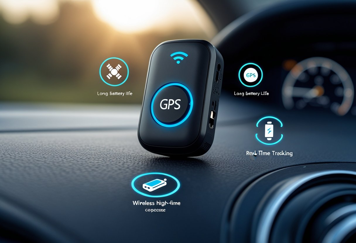 A compact mini GPS tracker placed on a car dashboard next to a car key, with icons representing GPS signal, battery life, and wireless connectivity around it.
