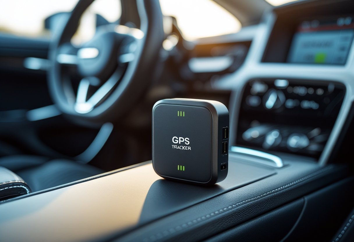 A small black mini GPS tracker device placed on a car dashboard near the steering wheel inside a modern car.