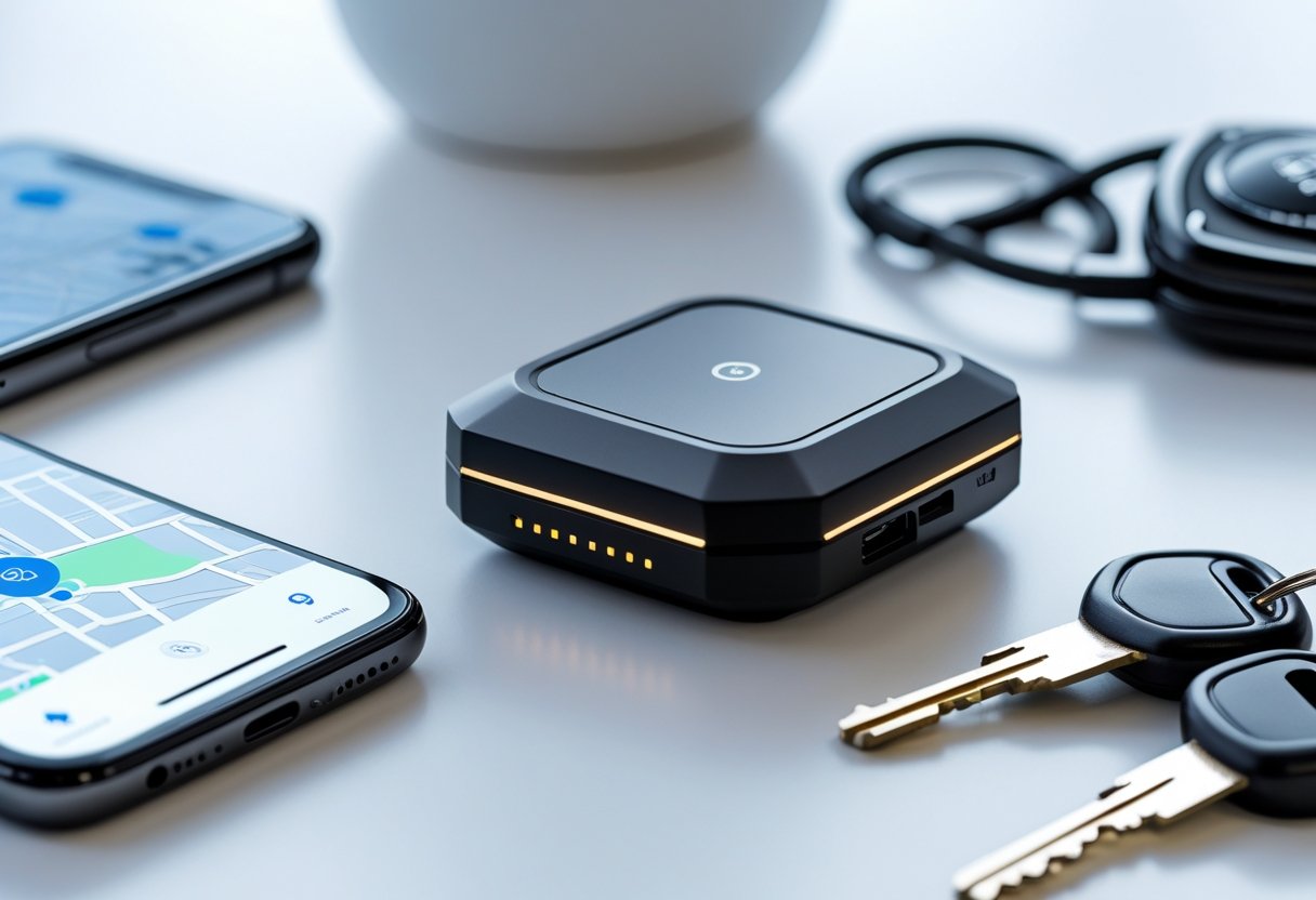 A compact GPS tracker device on a white surface next to a smartphone showing a map and a set of car keys.