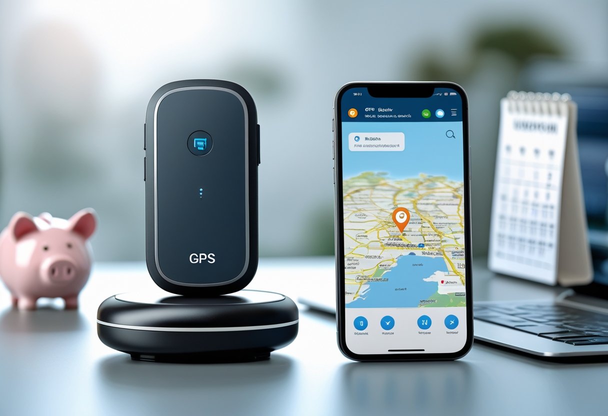 A GPS tracking device next to a smartphone showing a map with a location pin on a desk with a piggy bank and calendar nearby.