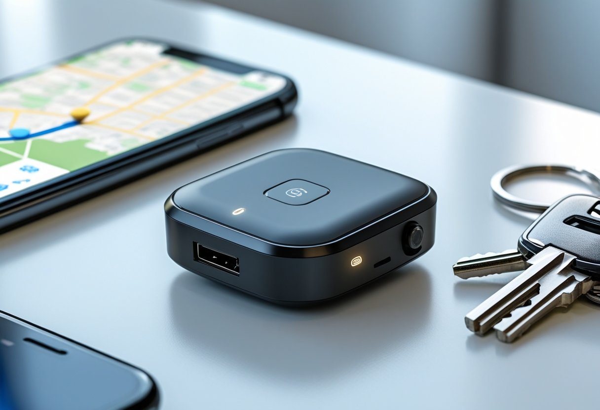 A small GPS tracker device on a white surface next to a smartphone showing a map and car keys.
