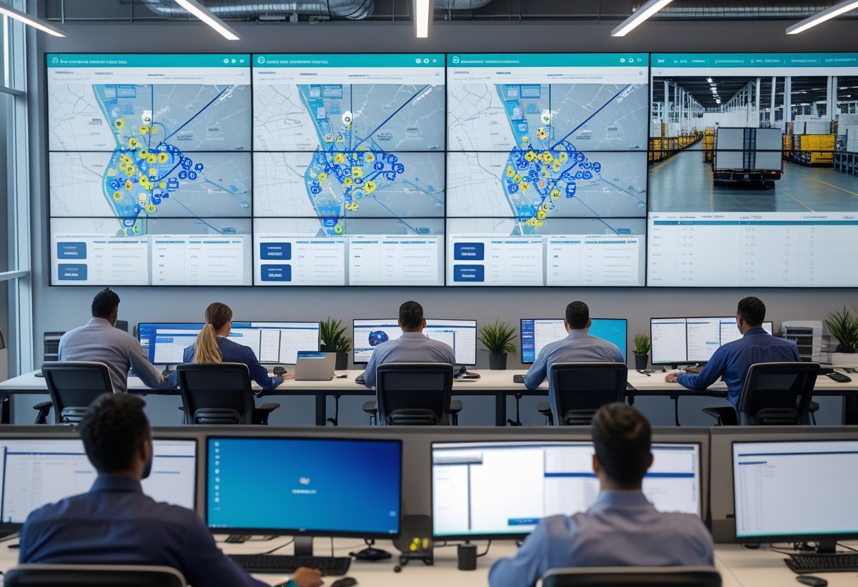 A team of employees in a logistics control room tracking packages on multiple computer screens showing maps and routes, with a warehouse visible through large windows.