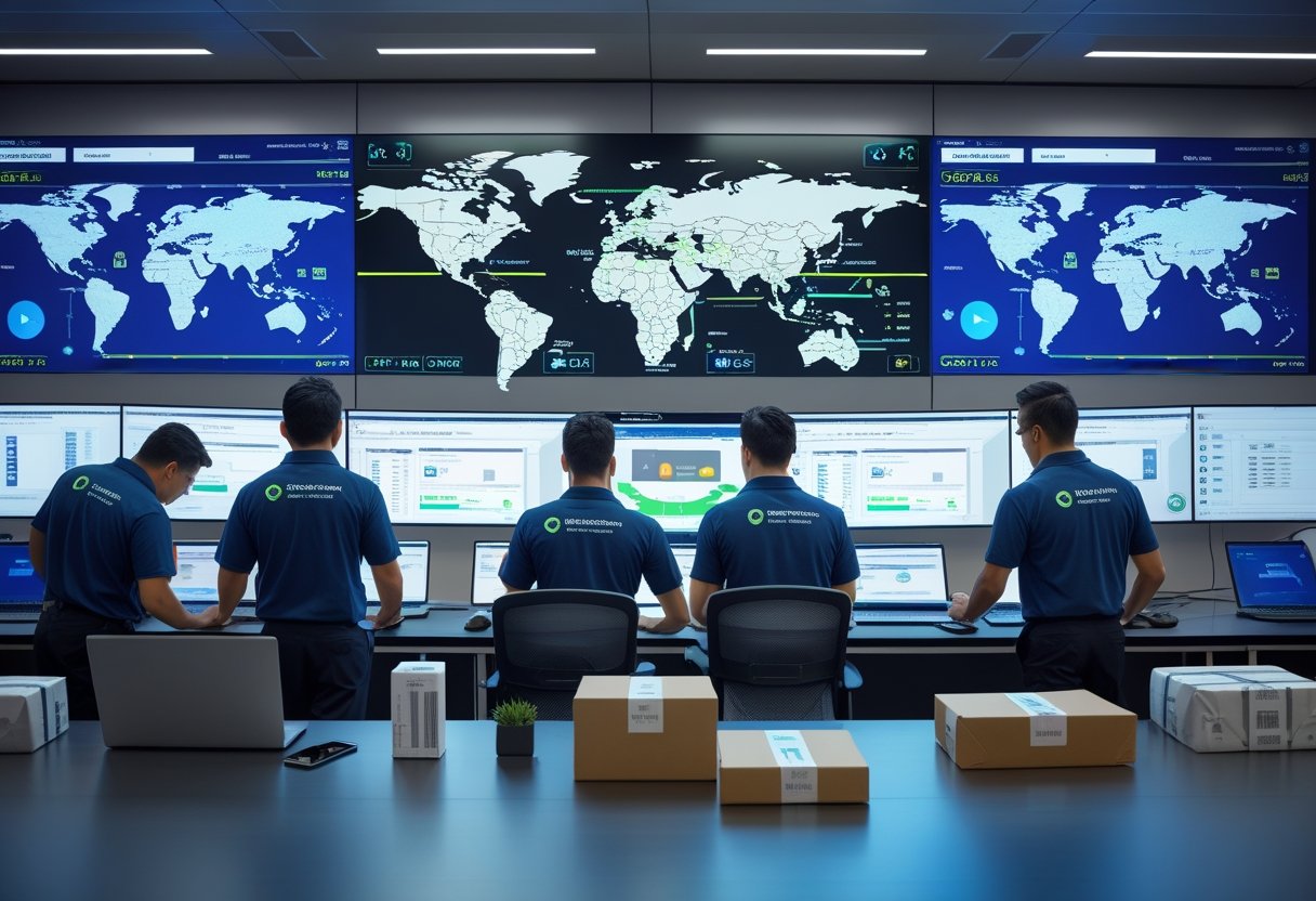 A team of delivery and IT professionals monitoring package tracking data on large digital screens in a modern logistics control center.