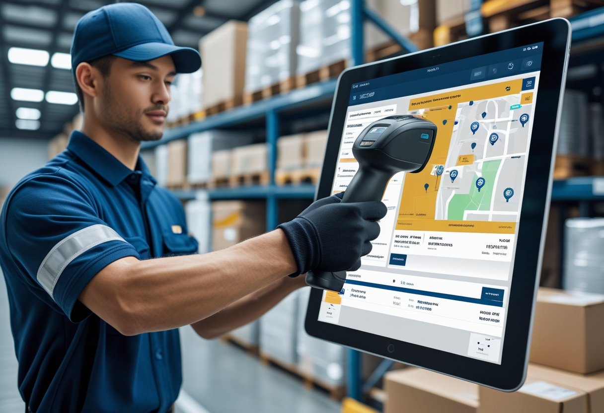 A delivery worker scans a package with a handheld device in a warehouse, while a digital screen shows a real-time tracking map of packages.