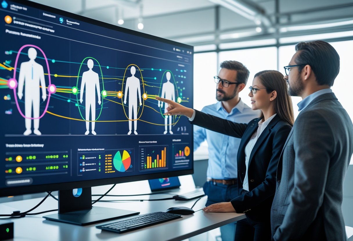 A team of professionals analyzing a computer screen showing person tracking data with highlighted human figures and analytics in an office setting.