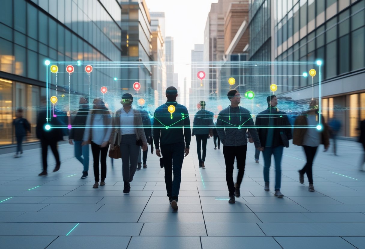 People walking in a city with digital overlays tracking individuals using colorful bounding boxes and markers.