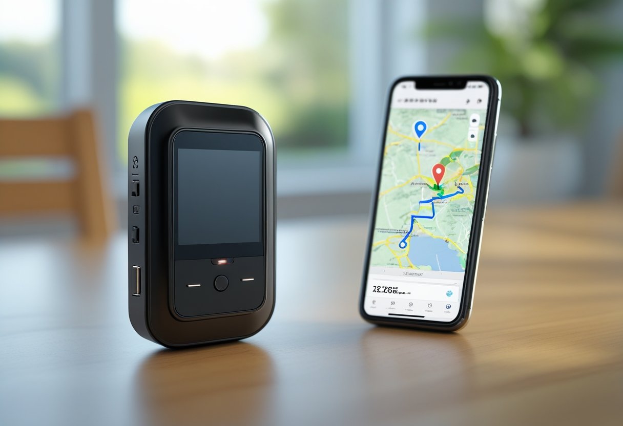 A GPS tracker device on a wooden table next to a smartphone displaying a map with a location pin.
