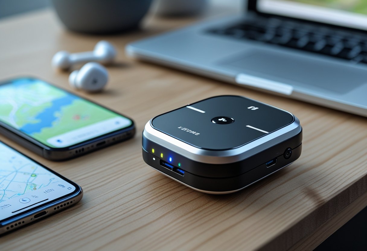 A small GPS tracker device on a wooden desk next to a smartphone and laptop keyboard.