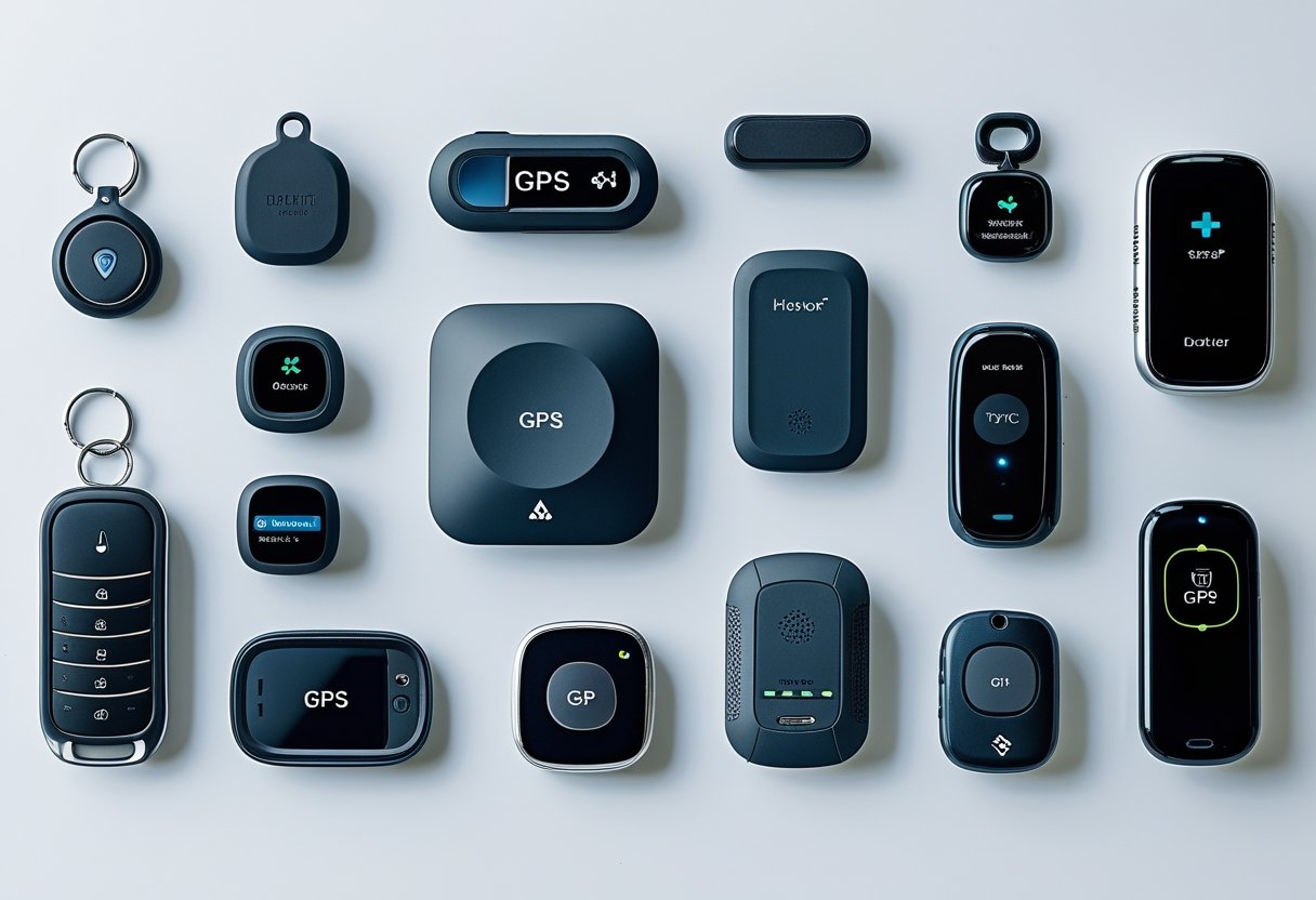 A collection of various GPS tracking devices including keychain trackers, wristband trackers, vehicle-mounted units, and handheld GPS devices arranged on a white surface.