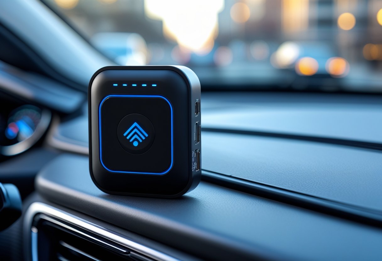 A compact GPS tracker device placed on a car dashboard with a blurred city street visible through the windshield.
