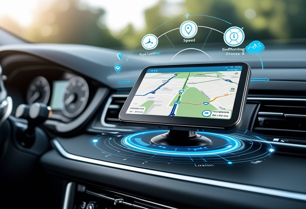 Car dashboard with a GPS tracking device displaying a digital map and route, highlighting features like location tracking and speed monitoring.