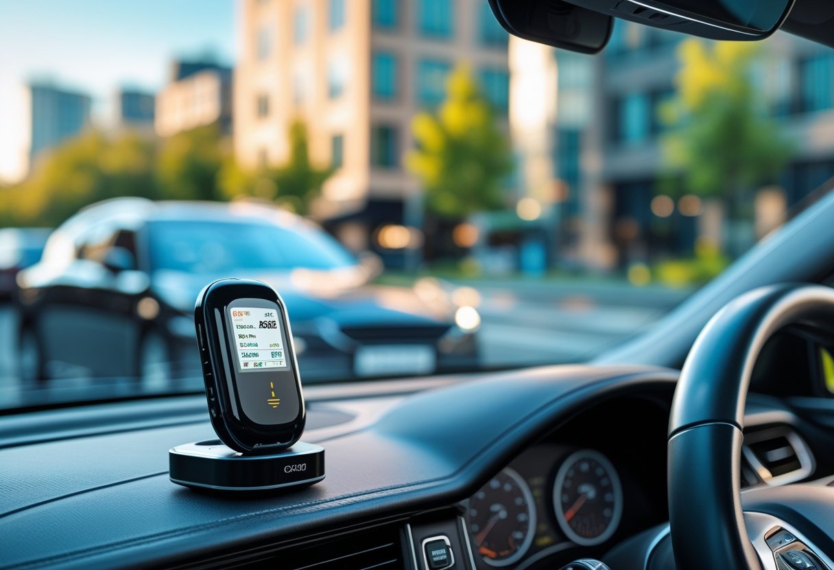 A black car parked on a city street with a GPS tracking device visible on the dashboard inside the car.
