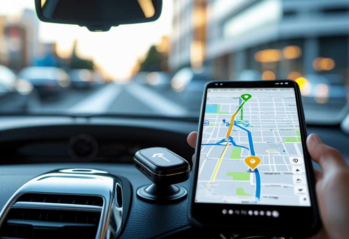 Close-up of a GPS tracking device on a car dashboard next to a smartphone showing a digital map with a route and location marker.