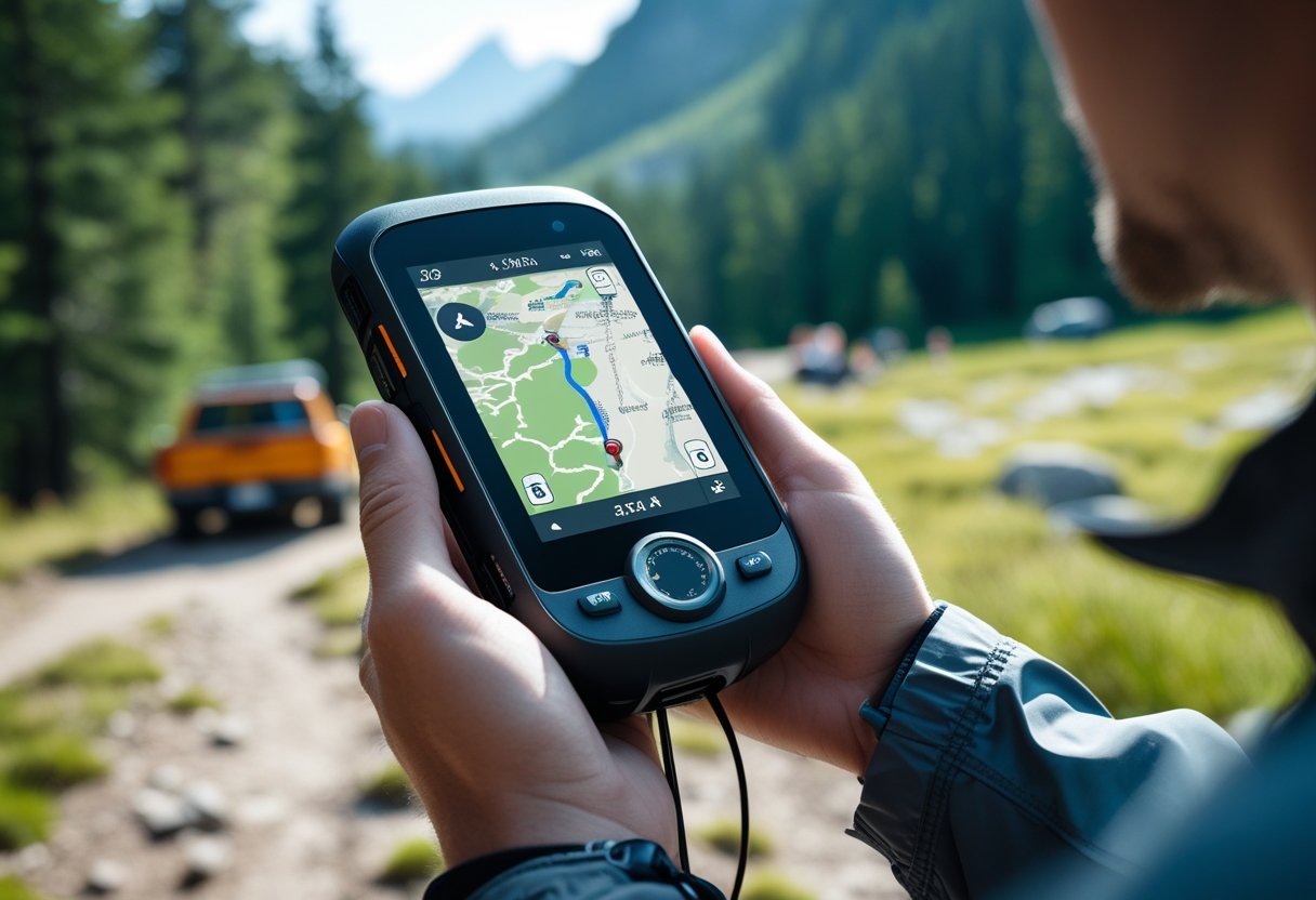 Close-up of a person holding a GPS device showing a map with a route, outdoors on a forest trail.