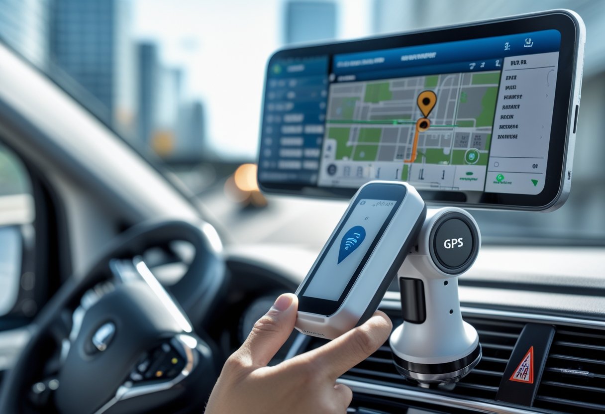 Close-up of a GPS tracking device inside a vehicle with a smartphone displaying a digital map and real-time location.