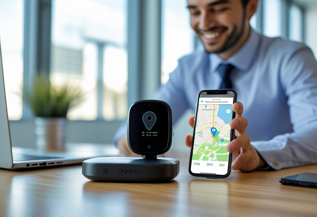 A GPS tracking device on a desk next to a smartphone showing a map, with a person smiling in the background.