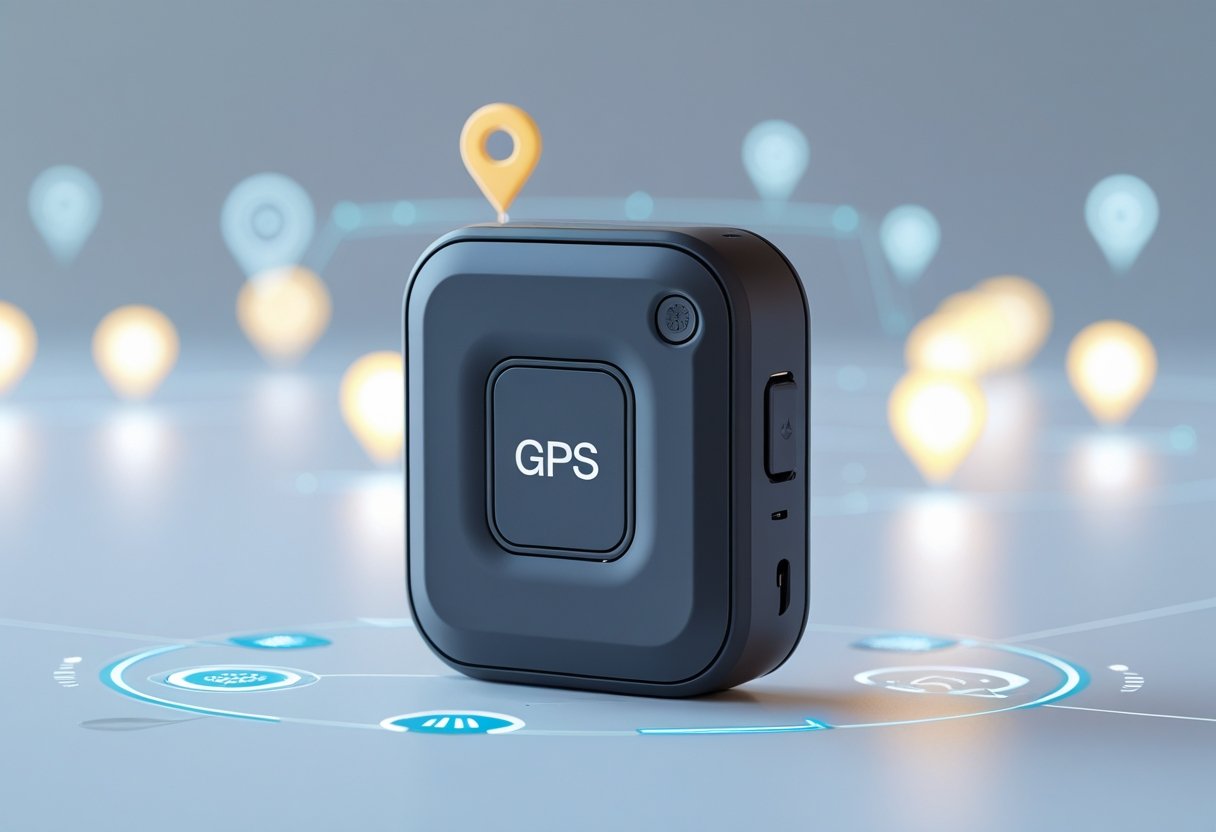 A small GPS tracker device on a white surface with digital map and location icons in the background.
