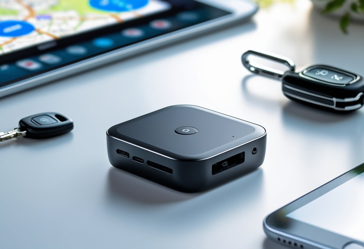 A compact GPS tracker device placed on a white surface next to a smartphone showing a map and a car key fob.