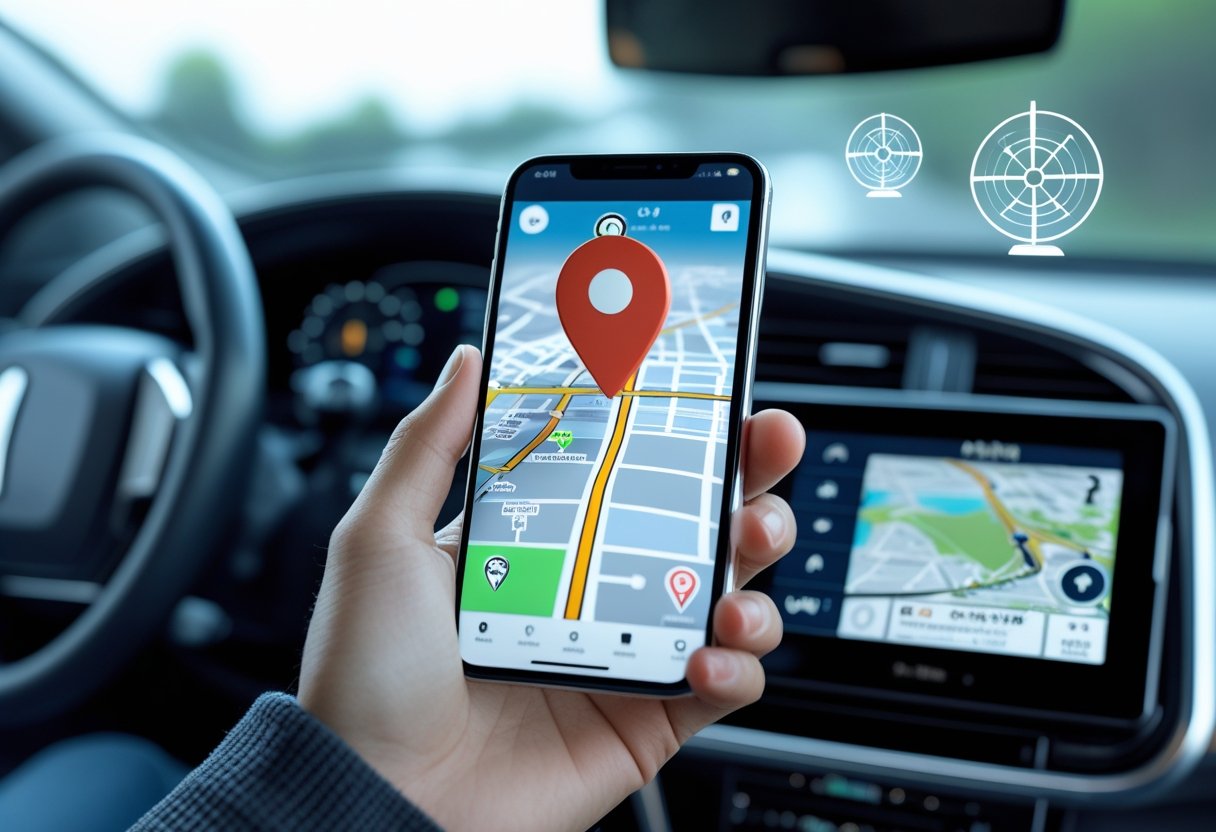 A hand holding a smartphone showing a digital map with a location pin, with a car dashboard GPS device displaying a similar map in the background.