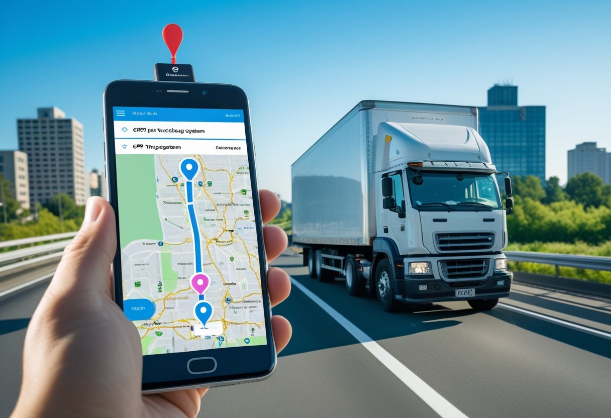 A person holding a smartphone displaying a map with location pins, and a delivery truck driving on a highway in the background.