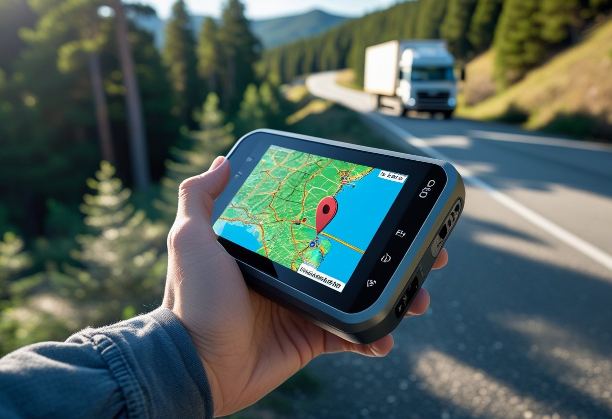 A person holding a GPS device showing a digital map with a location marker, outdoors near a road with a vehicle in the background.