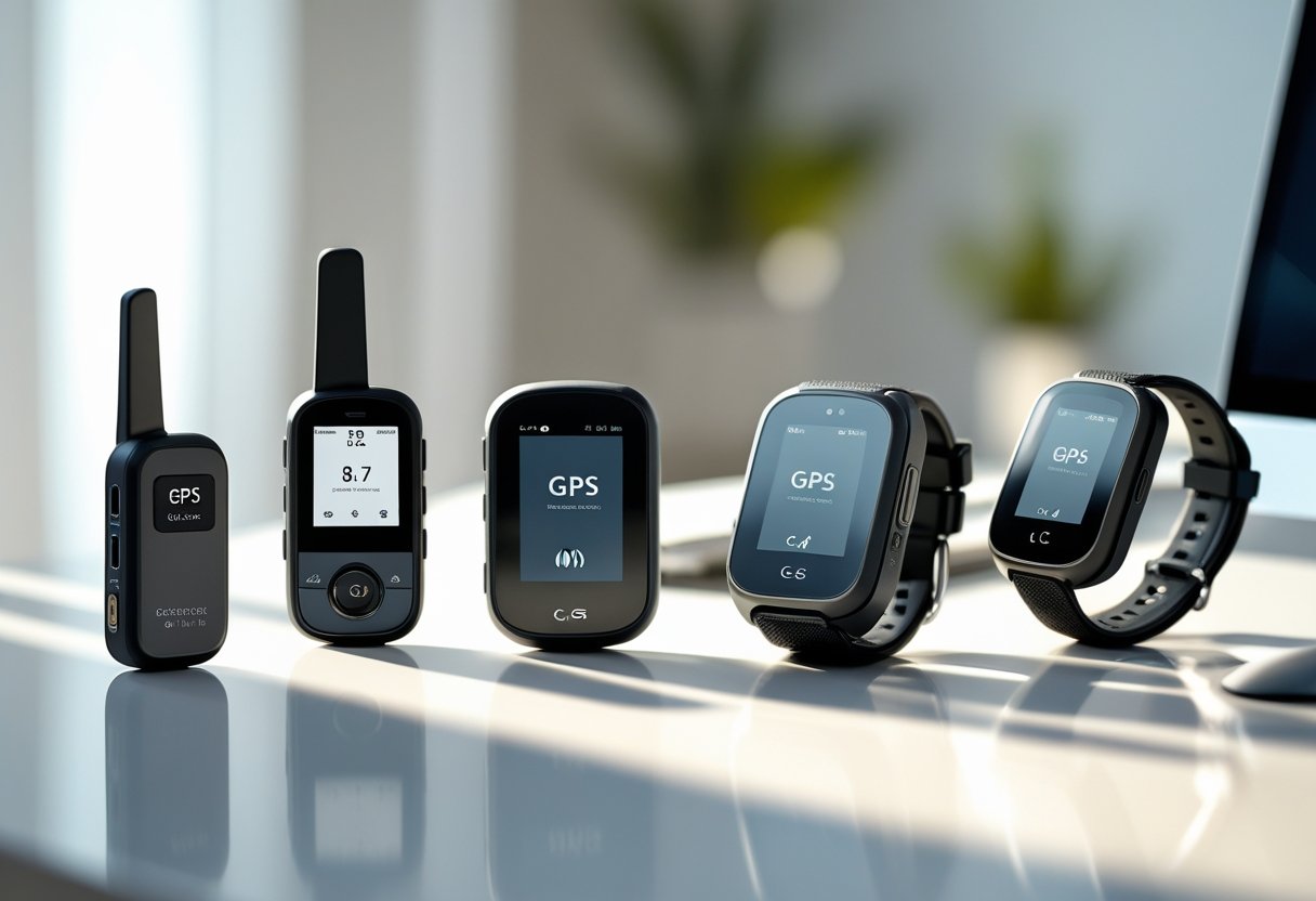 Various GPS tracking devices including a handheld tracker, vehicle tracker, wearable device, and pet collar arranged on a desk.