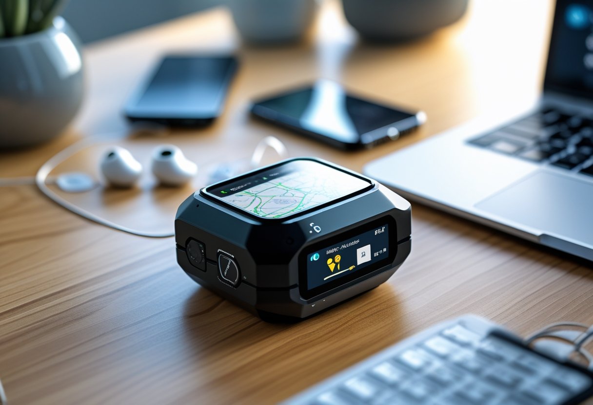 A compact GPS tracking device on a wooden desk surrounded by a smartphone, earbuds, and a laptop keyboard.