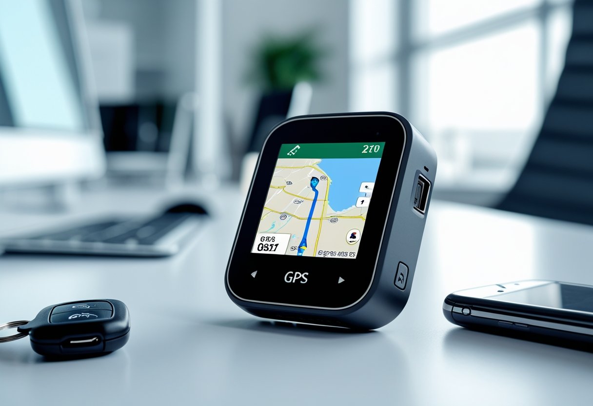 A compact GPS tracking device on a white surface with a smartphone displaying a map and a car key fob nearby.