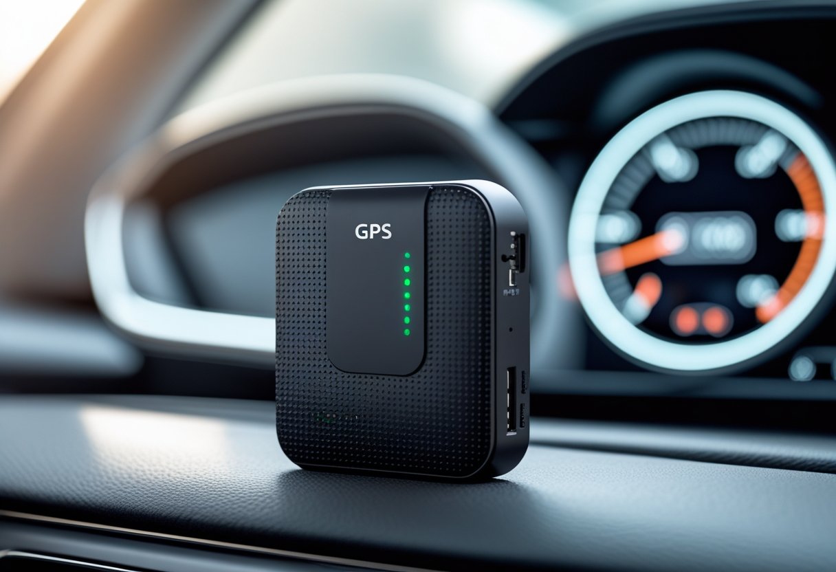 A GPS tracker device placed on a car dashboard with a blurred car interior in the background.
