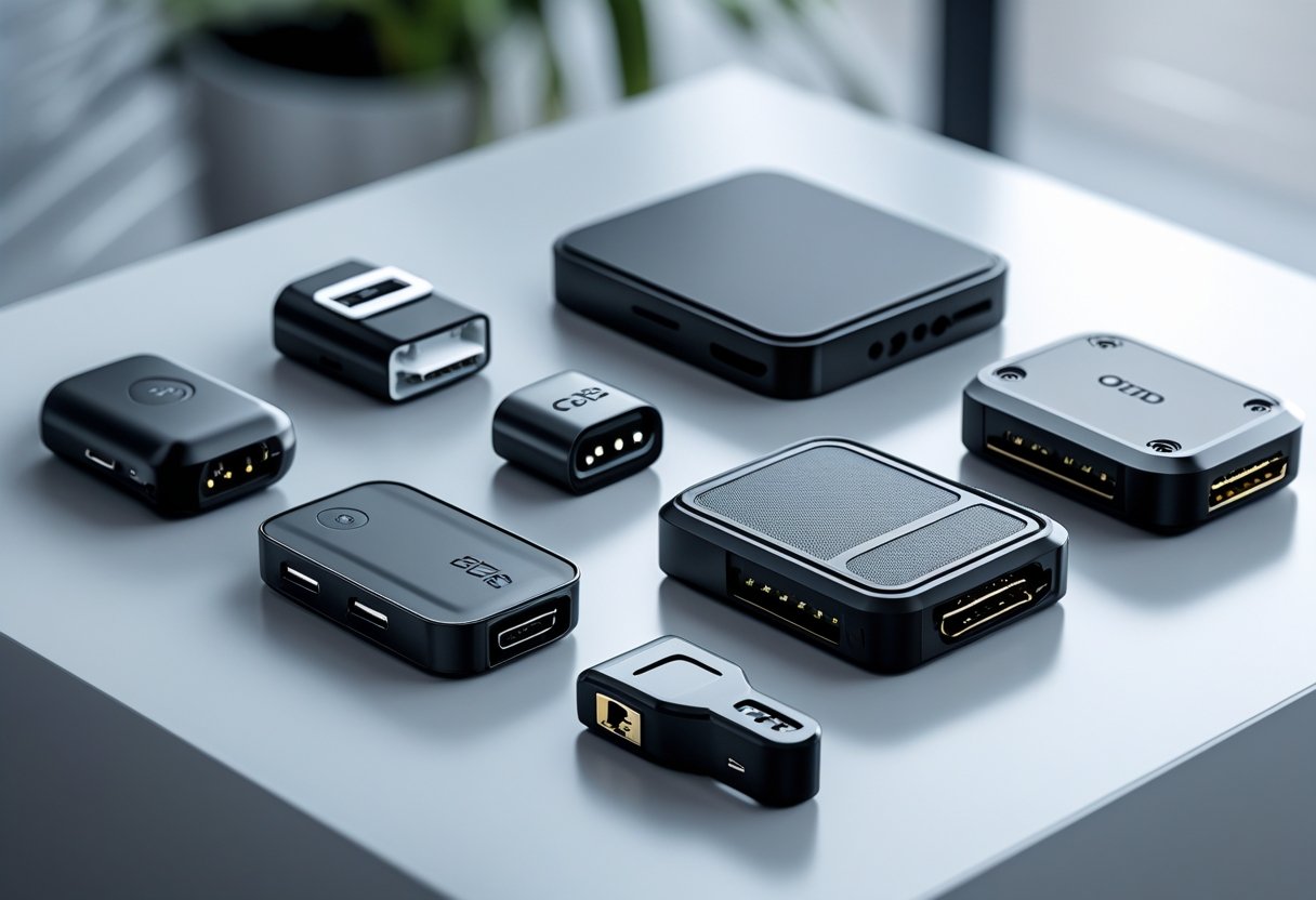 Several different types of car GPS tracking devices arranged on a clean surface.