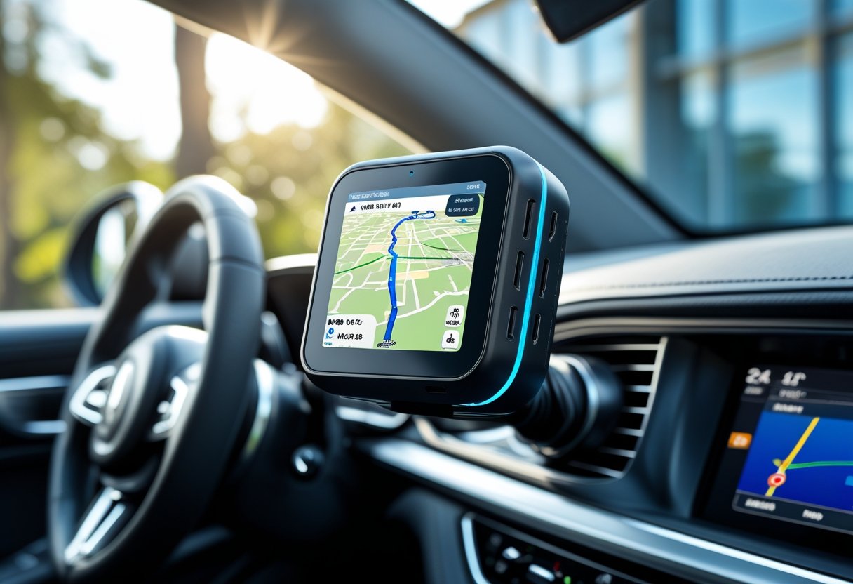 Car dashboard with a GPS tracking device showing a map and route inside a modern vehicle.