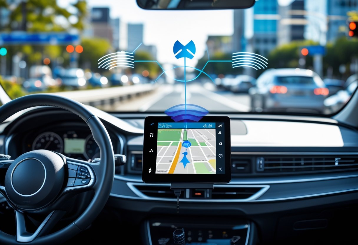 A car dashboard displaying a GPS tracking device with a digital map, showing a vehicle icon moving on a city street visible through the windshield.