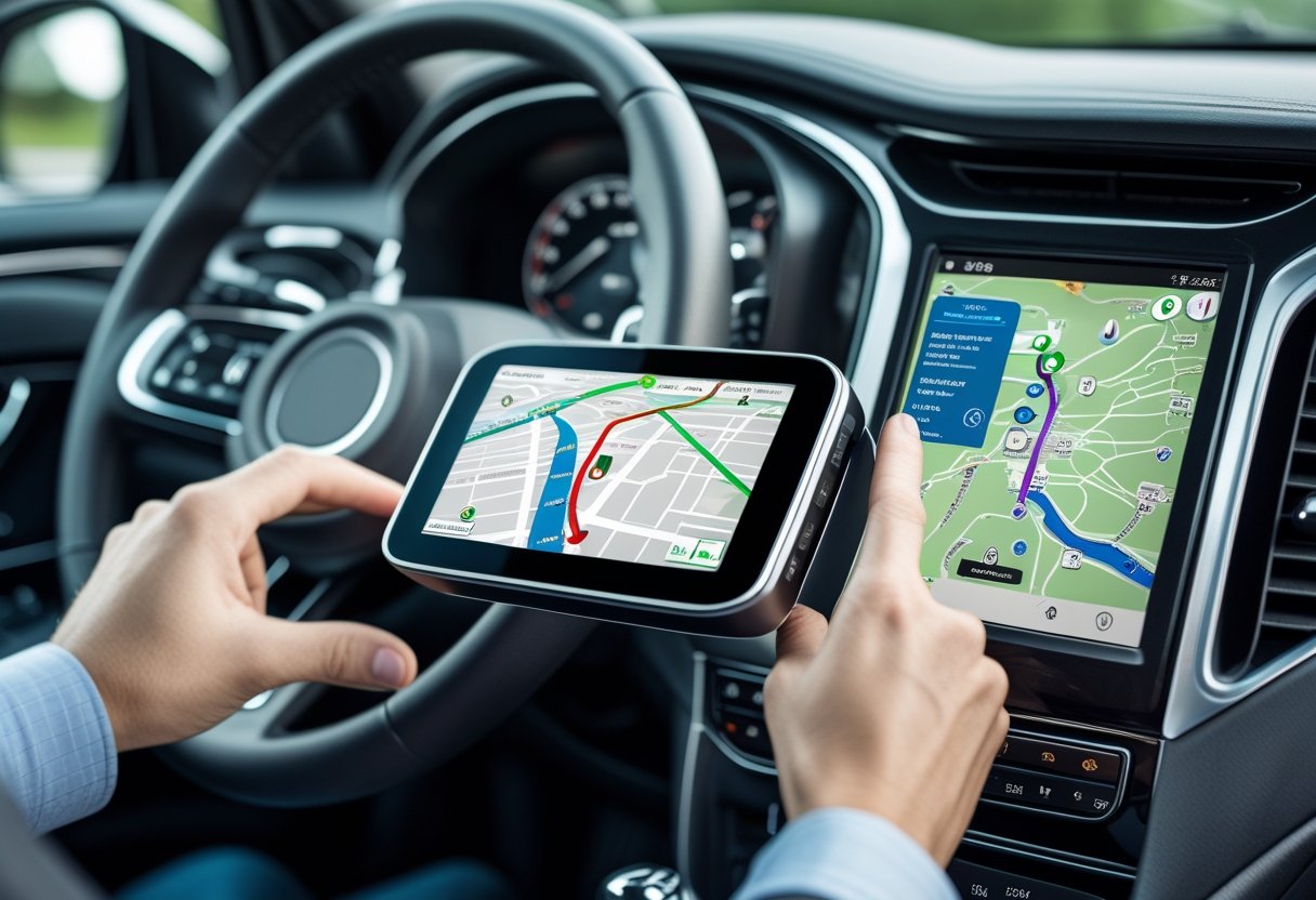 Car dashboard with a GPS tracking device showing a map and a hand interacting with it.