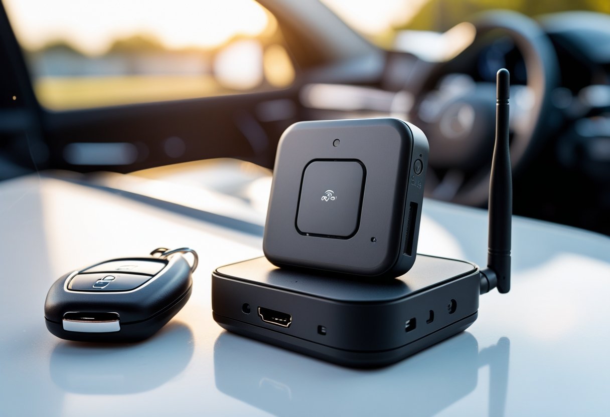Close-up of a car tracking device and car key fob on a white surface with a blurred car dashboard in the background.