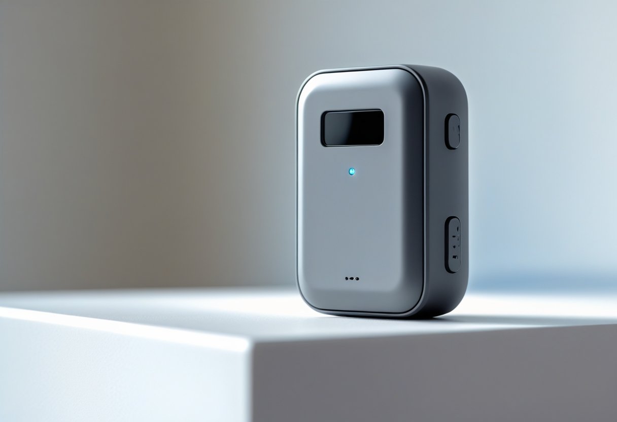 A compact GPS tracker device resting on a white surface with a blurred background.