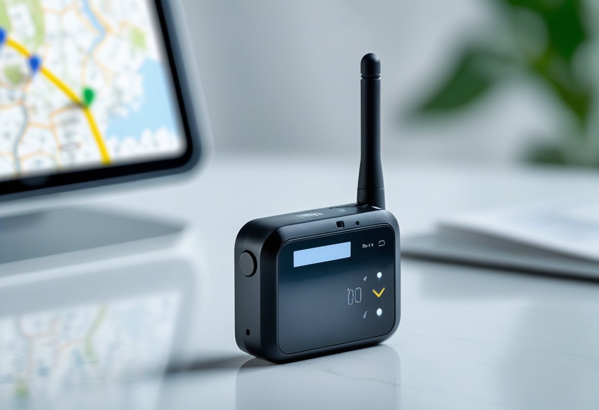 A GPS tracker device placed on a white surface next to a smartphone displaying a digital map.