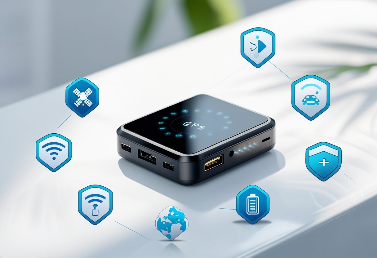 A GPS tracker device on a white surface surrounded by icons representing GPS connectivity, battery life, mobile tracking, and security.