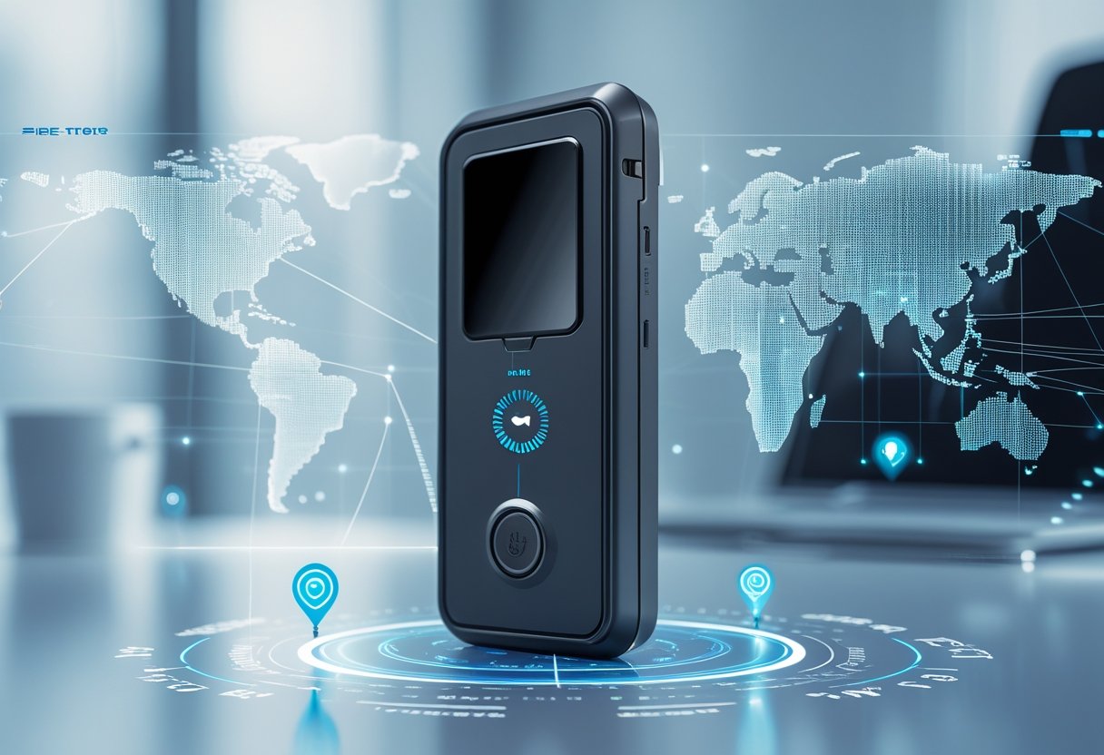 A GPS tracking device on a desk with digital map overlays and location icons indicating real-time tracking.