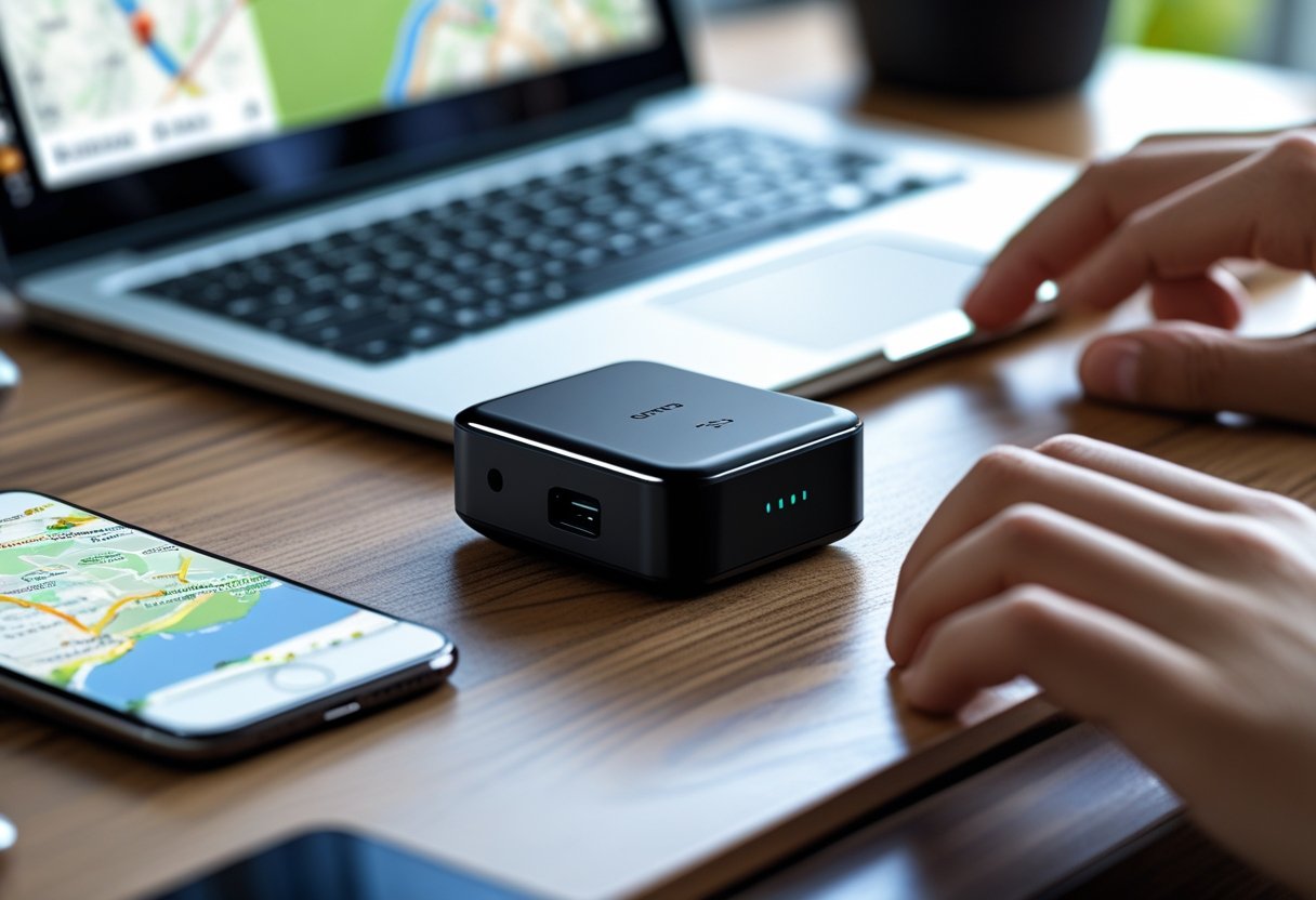 A small black GPS tracking device on a wooden desk next to a smartphone and laptop showing maps.