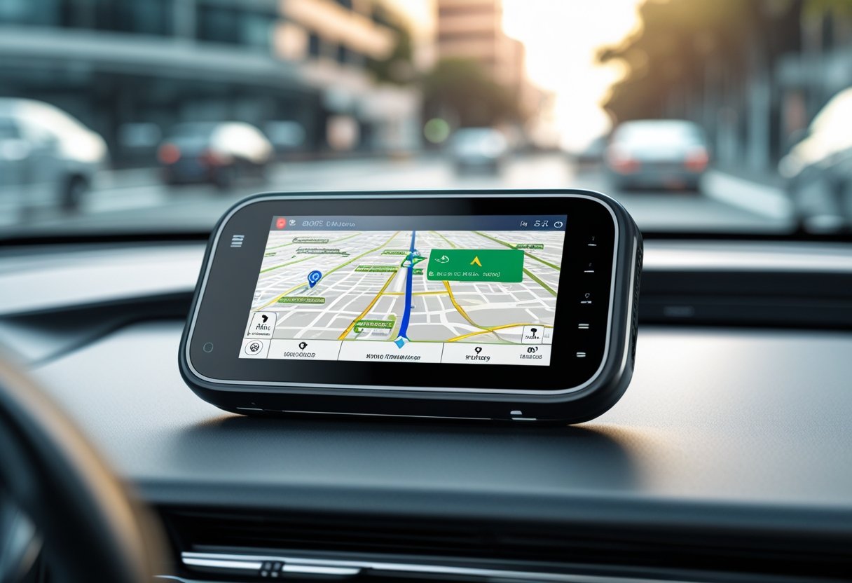 A GPS tracking device on a car dashboard showing a map with a route, with a blurred street visible through the windshield.