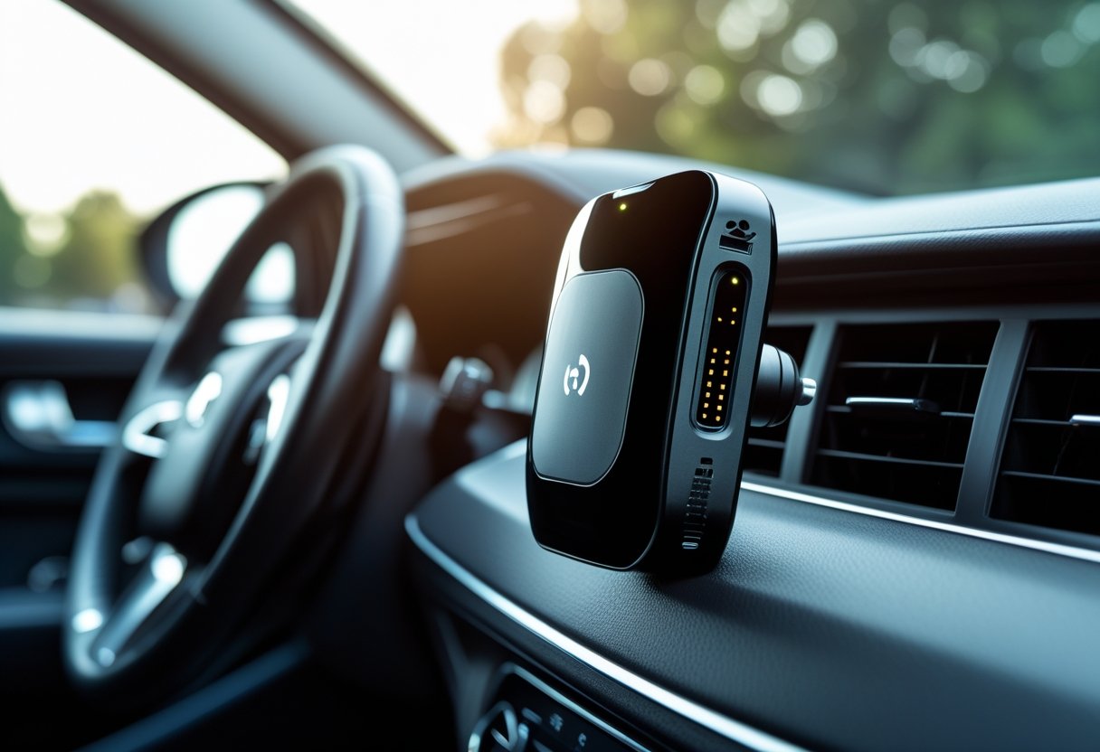 A compact GPS tracking device mounted inside a car on the dashboard near the windshield.